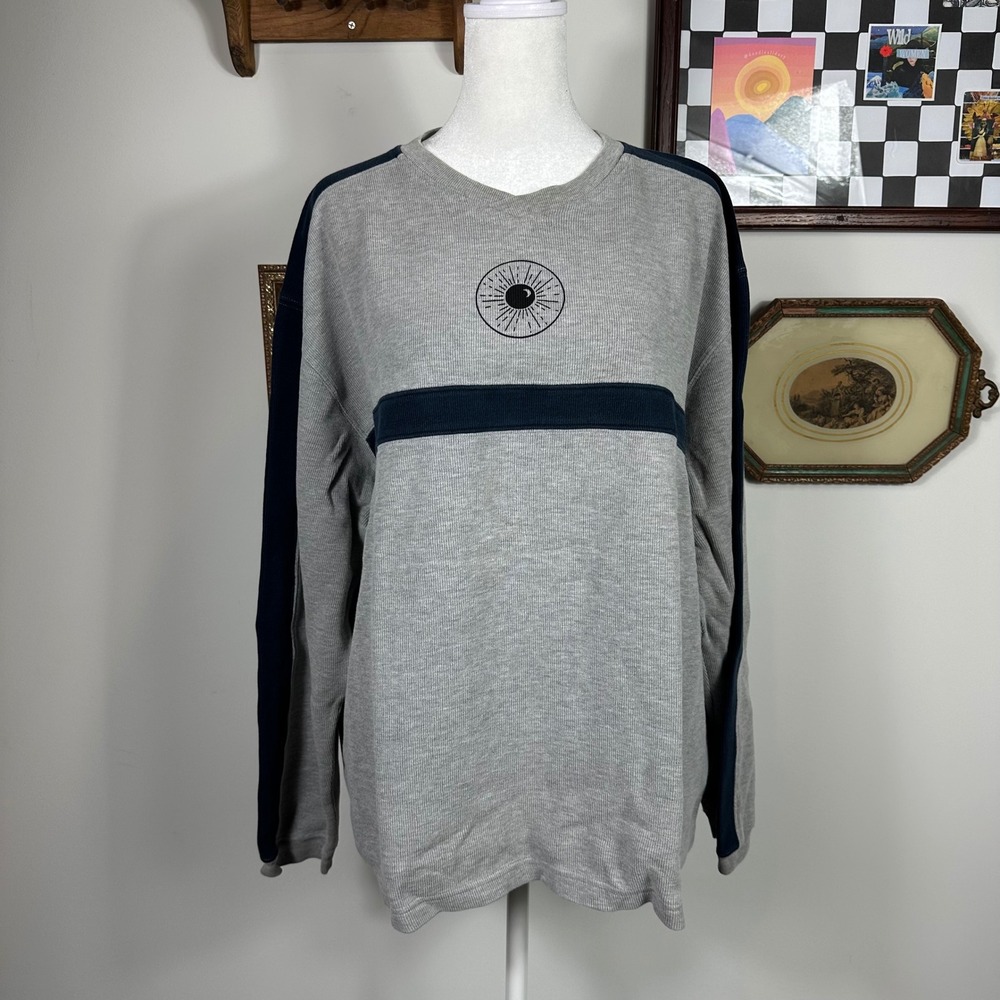 Vintage Structure Upcyled Heavyweight Grey Long Sleeve Shirt‎ with Navy Accents